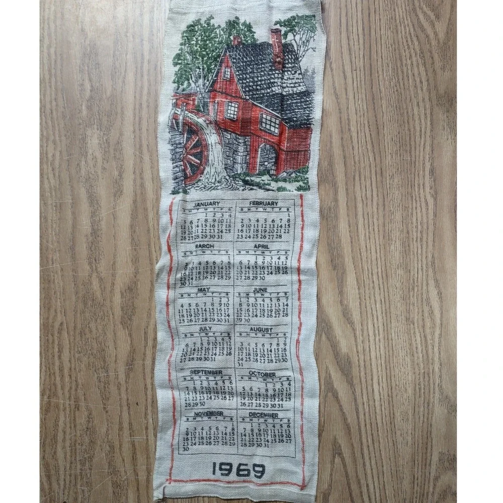 Vintage 1969 Linen Calendar Tea Towel Red Barn Watermill Rustic Kitchen Decor
